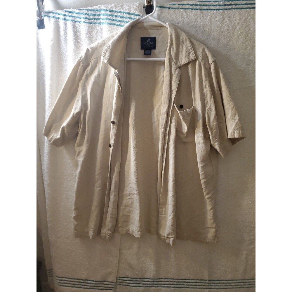 Caribbean Joe Men’s Medium Hawaiian Island Shirt Light Beige 100% Silk EUC